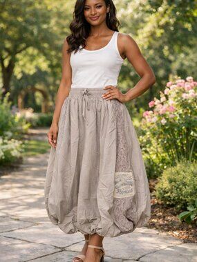Be the Revival Women’s Beige Nylon Skirt – Balloon Hem & Lace Panels – Size SX